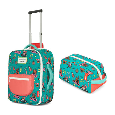 Valise enfant verte motif musique poignée rose sac de toilette Hello Hossy