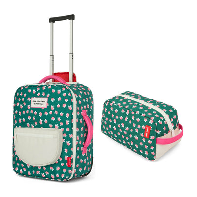 Valise enfant verte motif fleurs avec trousse assortie Hello Hossy