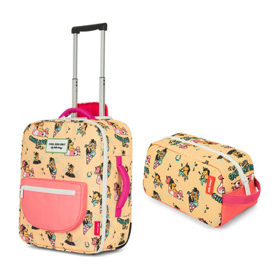 Valise enfant jaune motif licornes poignée rose trousse assortie Hello Hossy