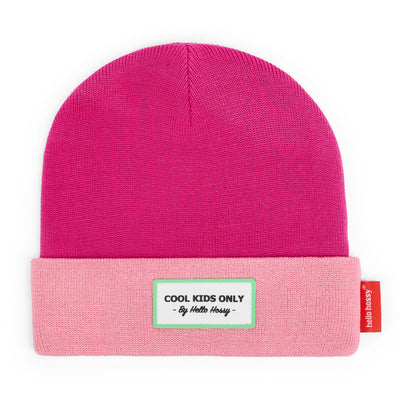 Bonnet enfant fuchsia rose bord replié étiquette brodée Hello Hossy