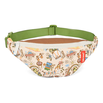 Sac banane enfant crème motif voyage zip blanc sangle verte Hello Hossy