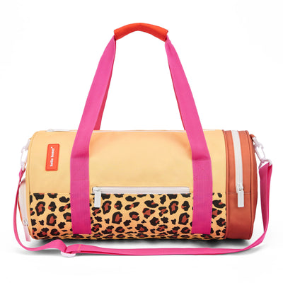 Sac de sport enfant beige motif léopard poches zippées anses roses Hello Hossy