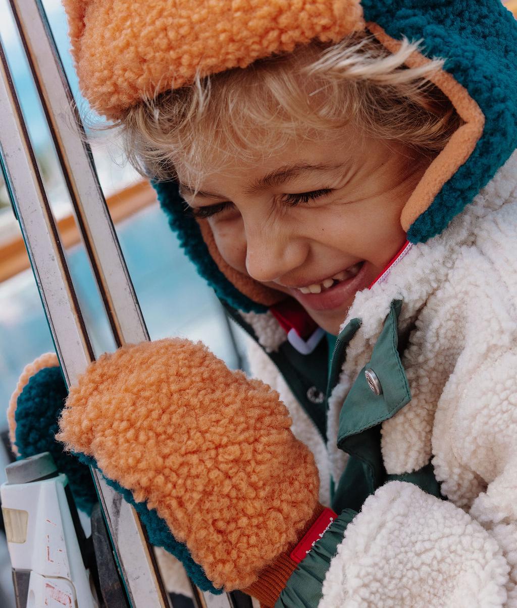 Moufles enfant bleu camel effet moumoute doublure polaire Hello Hossy