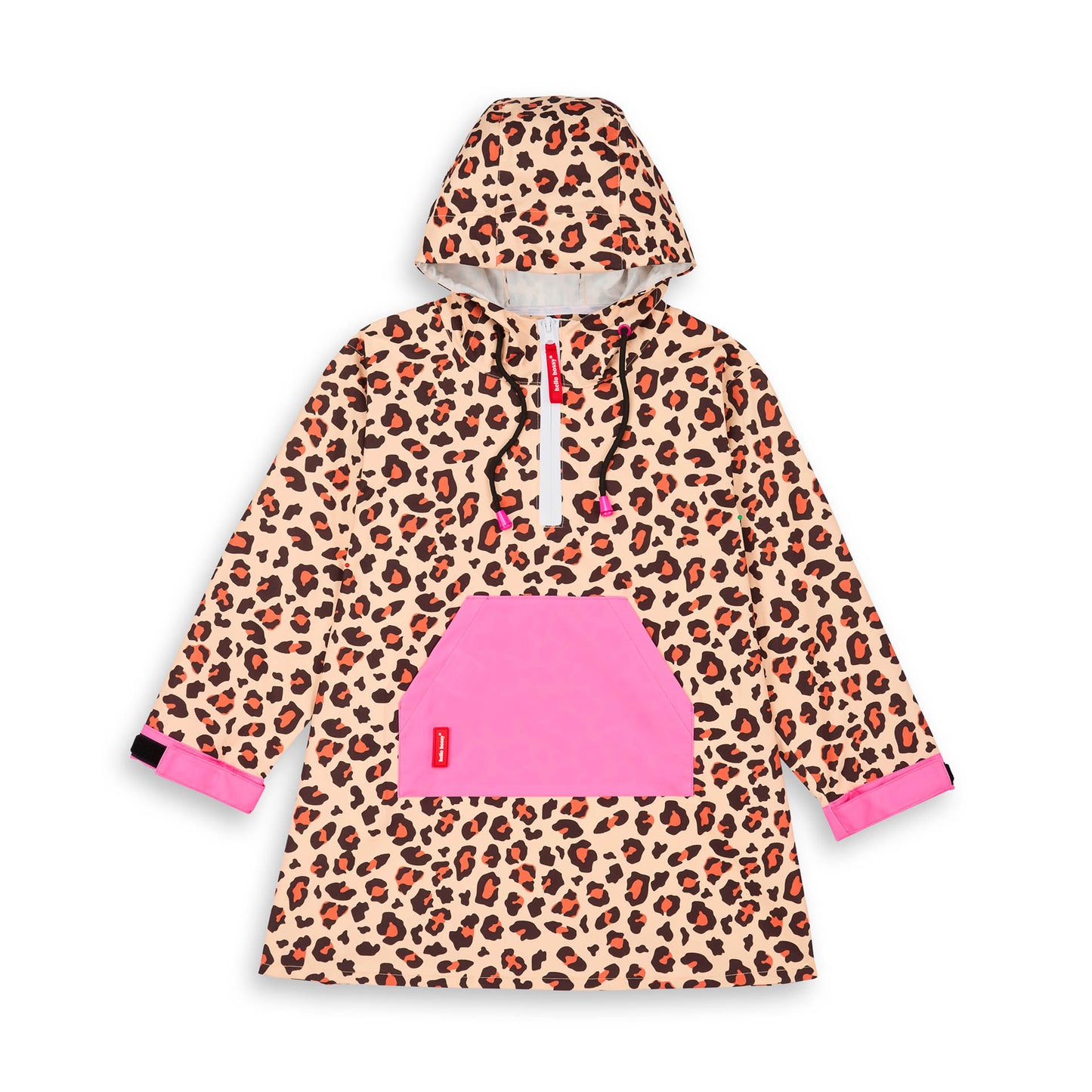 Poncho de Pluie imperméable avec capuche Léopard pour enfant et parent – vue à plat, de face