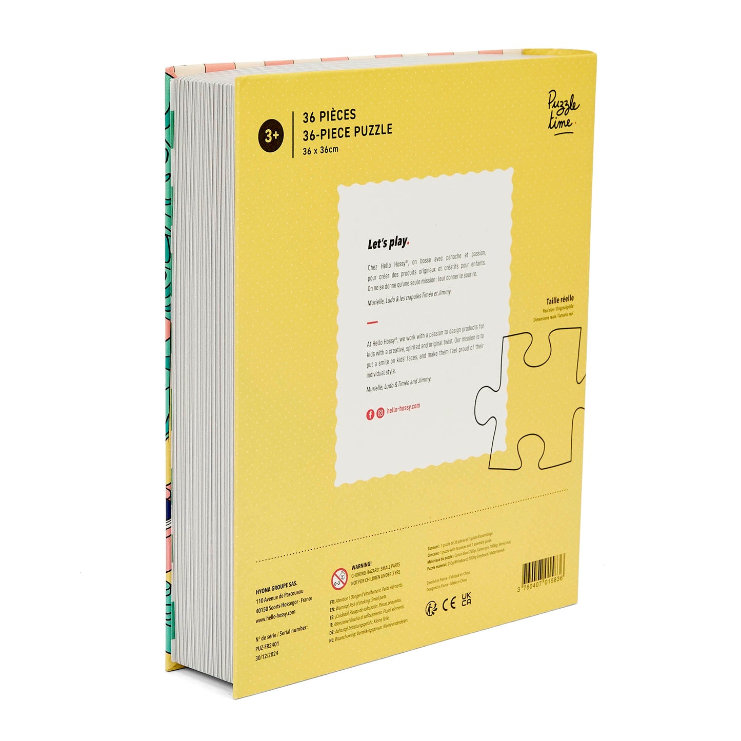 Puzzle pour enfant Hello Hossy au format livre – 36 pièces – dos illustré avec message de marque – vue arrière