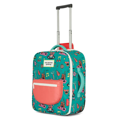 Valise enfant vert motif musique poches corail poignée rétractable Hello Hossy
