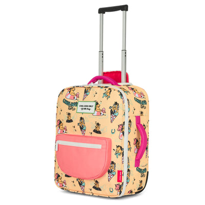 Valise enfant jaune motif licornes rose poignée et roues Hello Hossy