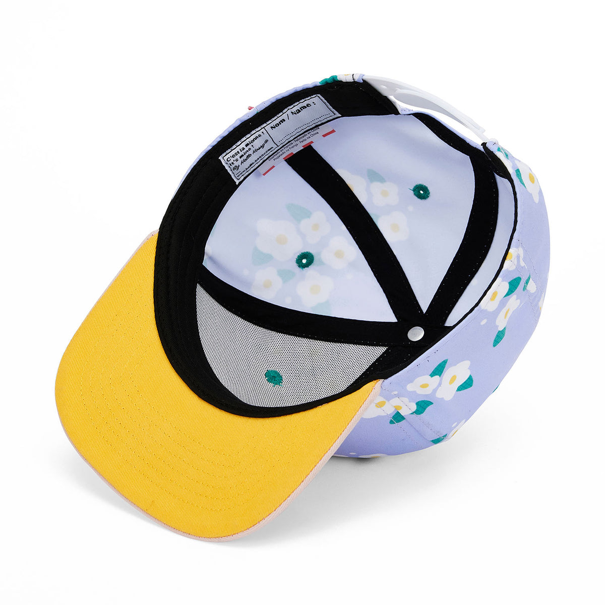 Casquette enfant imprimé fleurs violet visière plate jaune Hello Hossy