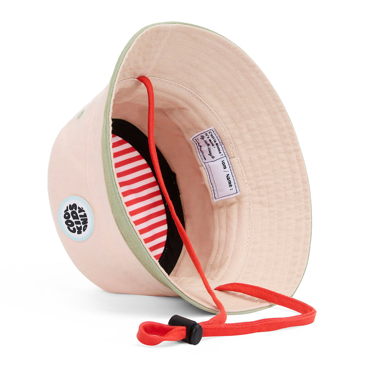 Bob enfant beige intérieur rayé rouge vert sangle ajustable Hello Hossy