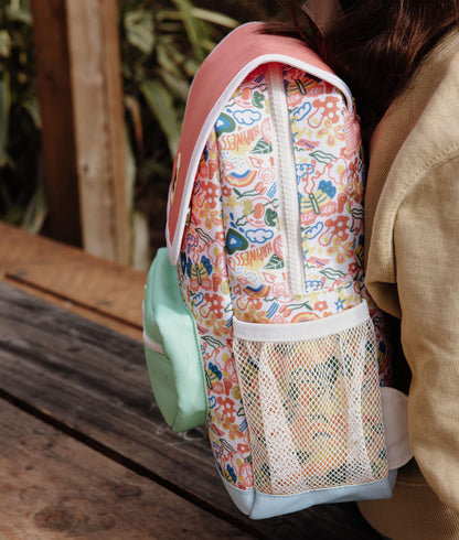 Sac à dos enfant blanc rose motif fleurs poche filet Hello Hossy