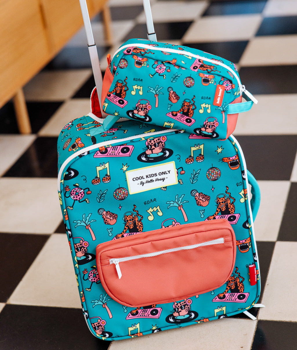 Valise enfant vert motif musique avec trousse assortie Hello Hossy