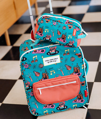 Valise enfant vert motif musique avec trousse assortie Hello Hossy