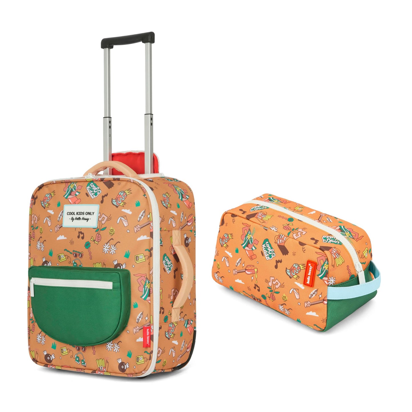 Valise enfant marron motif musique poignée trolley et trousse assortie Hello Hossy