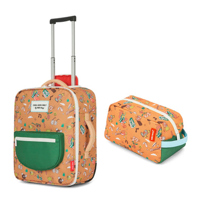 Valise enfant marron motif musique poignée trolley et trousse assortie Hello Hossy