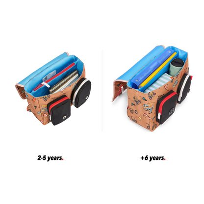 Cartable enfant marron motifs mascotte vélo vue ouvert comparatif 2 tailles Hello Hossy