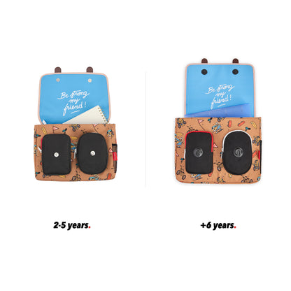 Cartable enfant marron motifs mascotte vélo vue de face ouvert comparatif 2 tailles Hello Hossy