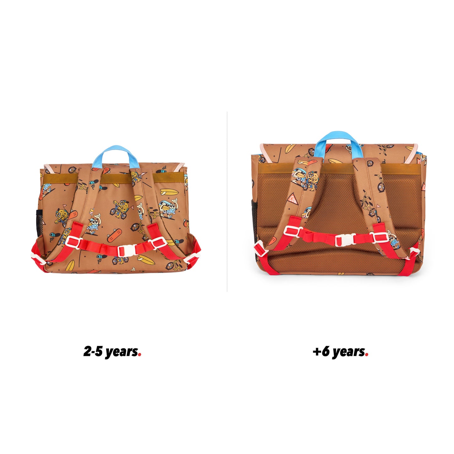 Cartable enfant marron motifs mascotte vélo vue de dos comparatif 2 tailles Hello Hossy