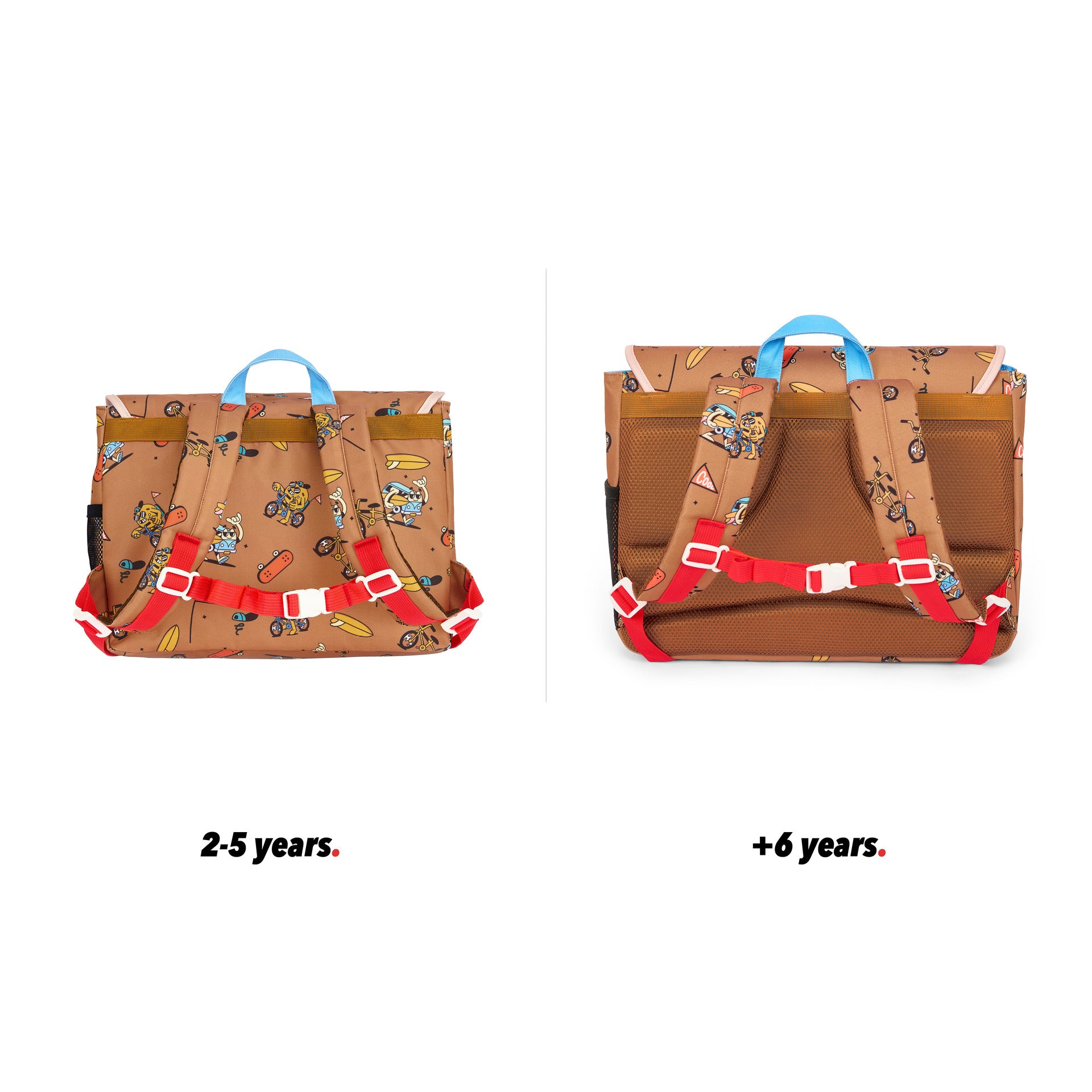 Cartable enfant marron motifs mascotte vélo vue de dos comparatif 2 tailles Hello Hossy