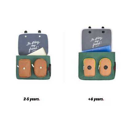 Sac à dos enfant vert poche avant marron vue de face ouvert comparatif 2 tailles Hello Hossy