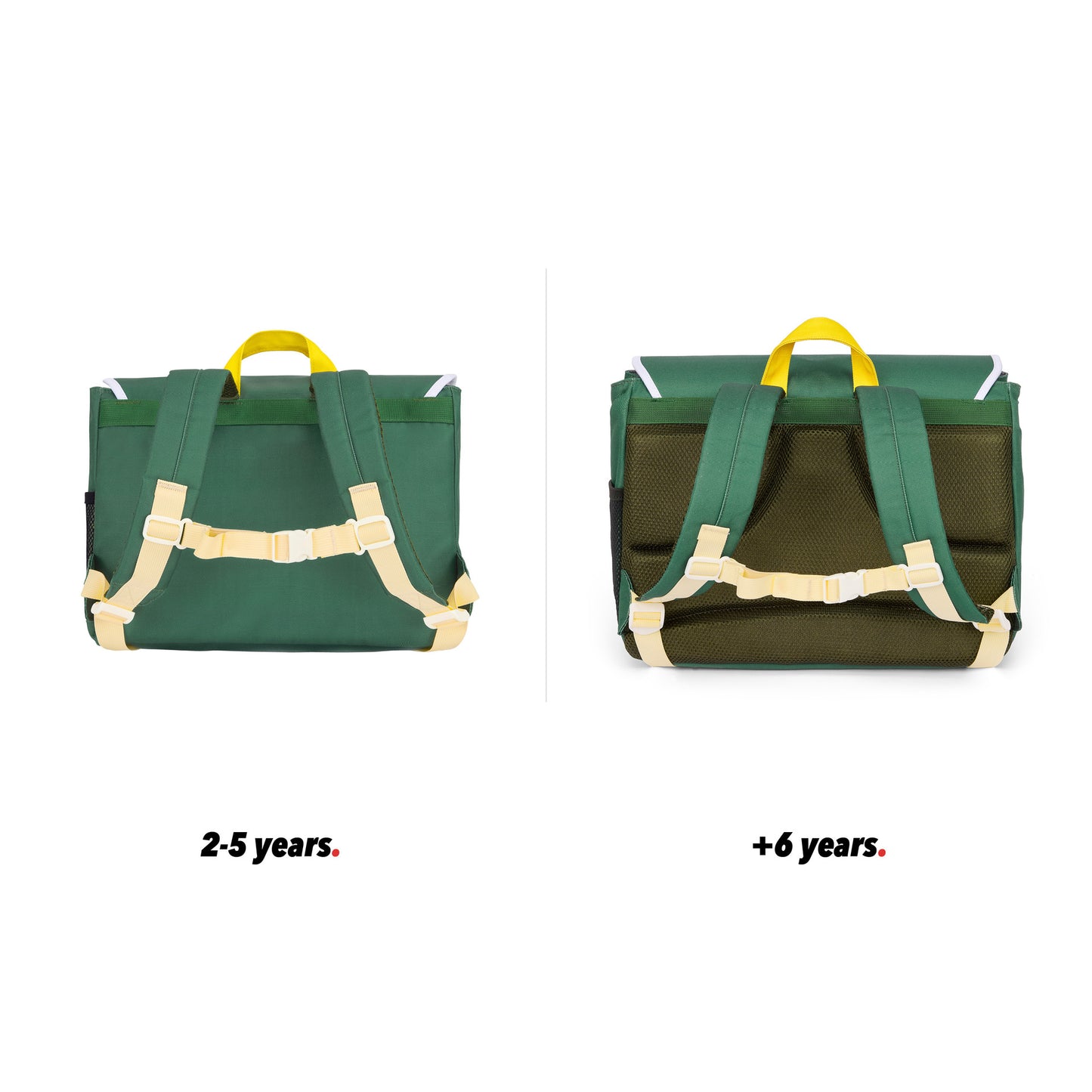 Sac à dos enfant vert poche avant marron vue de dos comparatif 2 tailles Hello Hossy