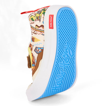 Sneakers enfant crème marron semelle bleue souple Hello Hossy