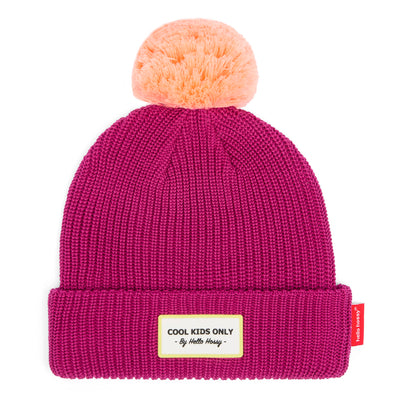 Bonnet enfant violet pompon pêche étiquette brodée Hello Hossy