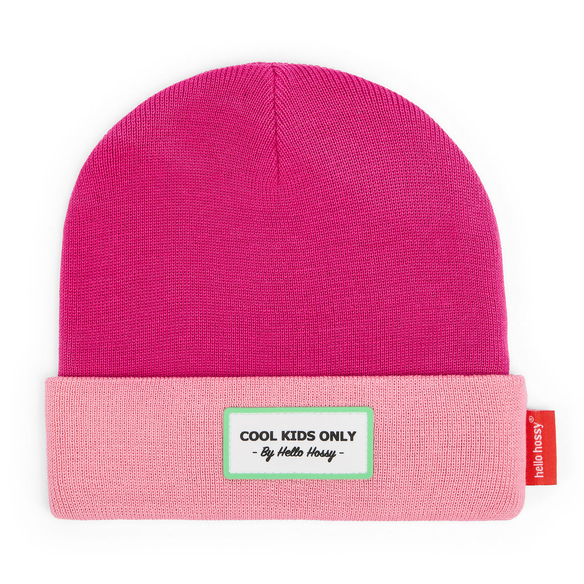 Bonnet enfant fuchsia rose bord replié étiquette brodée Hello Hossy