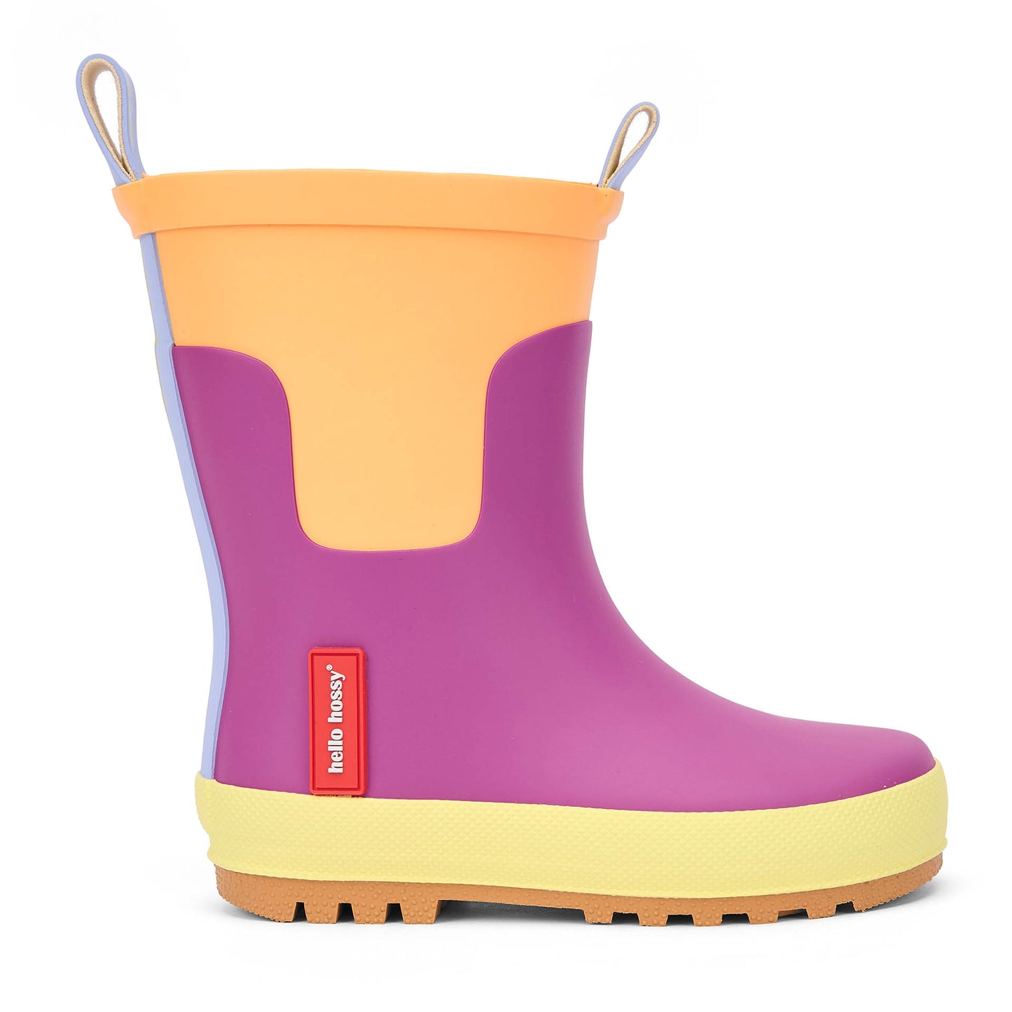Bottes de pluie enfant violet orange détail jaune Hello Hossy