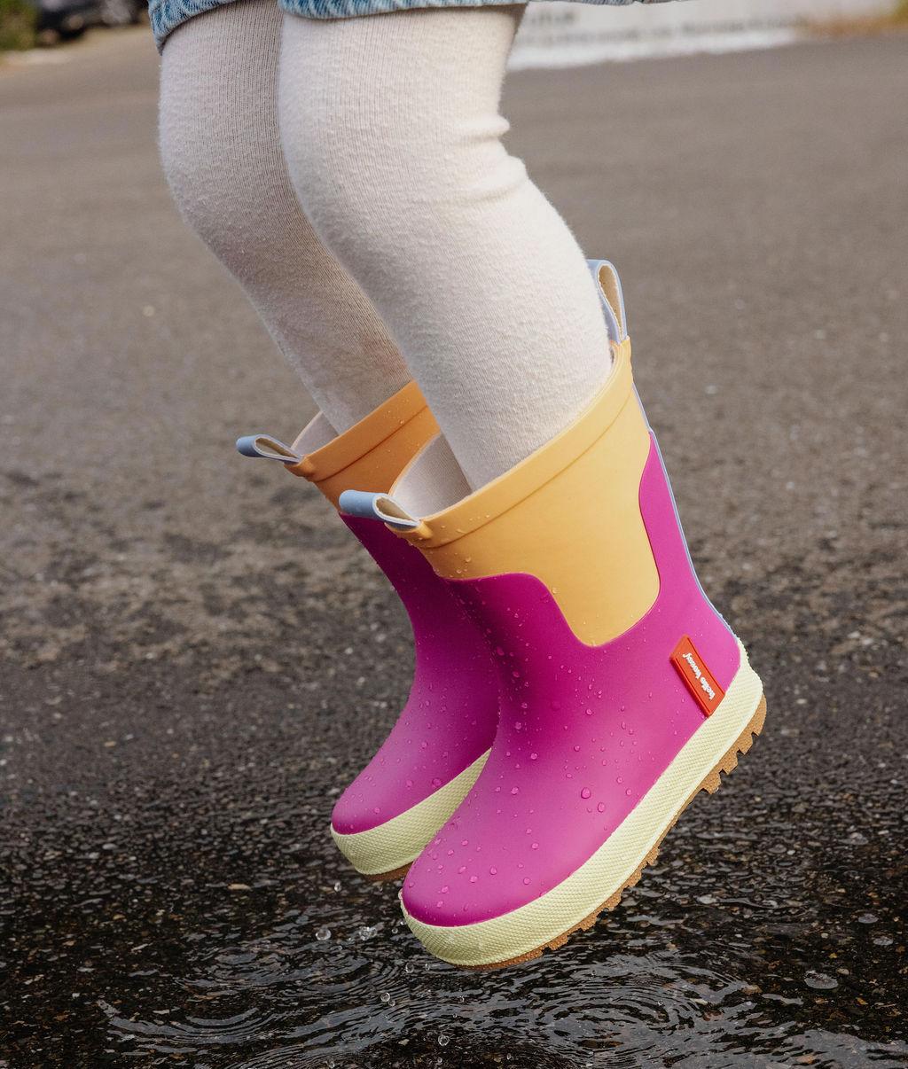 Bottes de pluie enfant violet et orange semelle crantée Hello Hossy