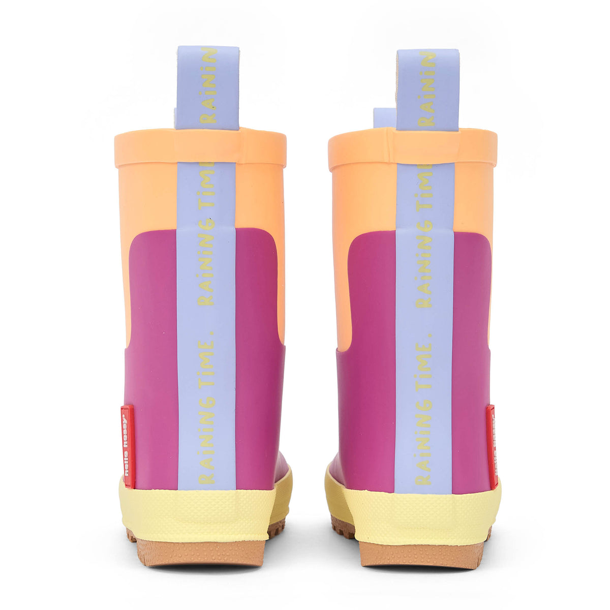 Bottes de pluie enfant violet orange détails jaunes Hello Hossy