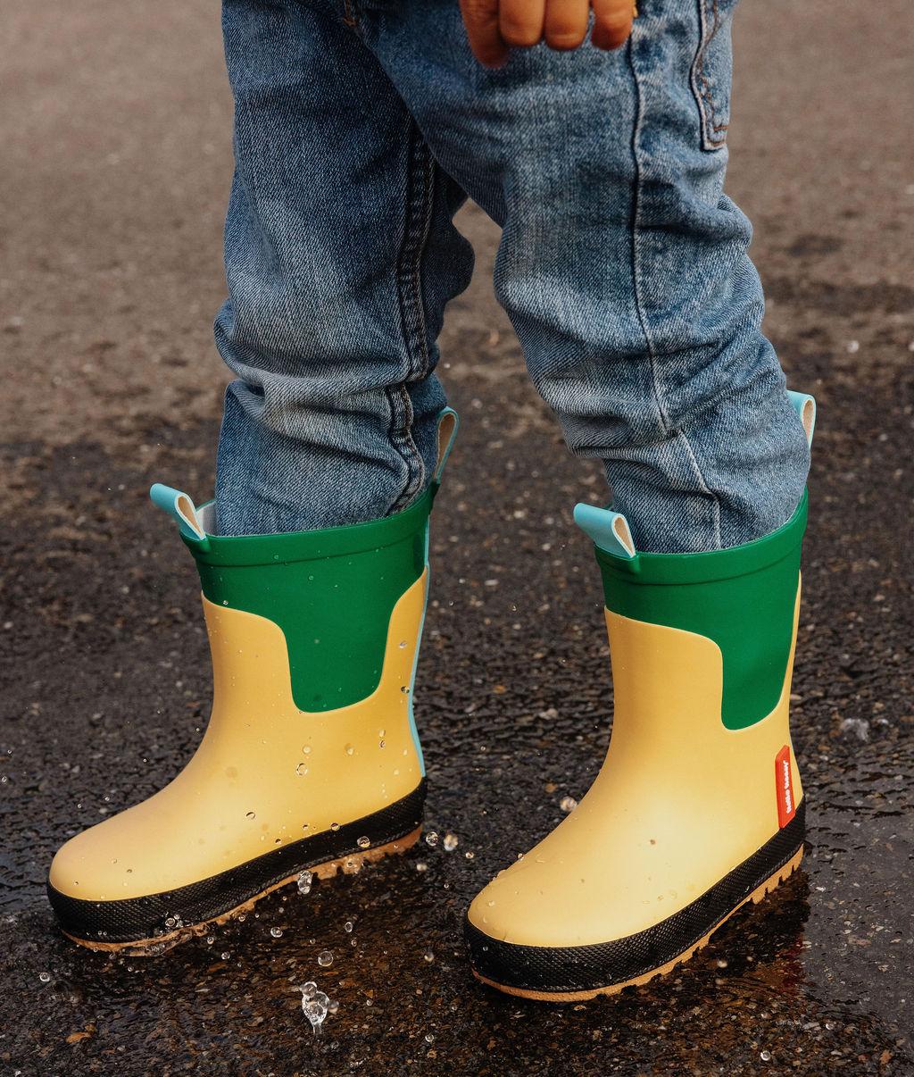Bottes de pluie enfant jaune vert semelle noire Hello Hossy