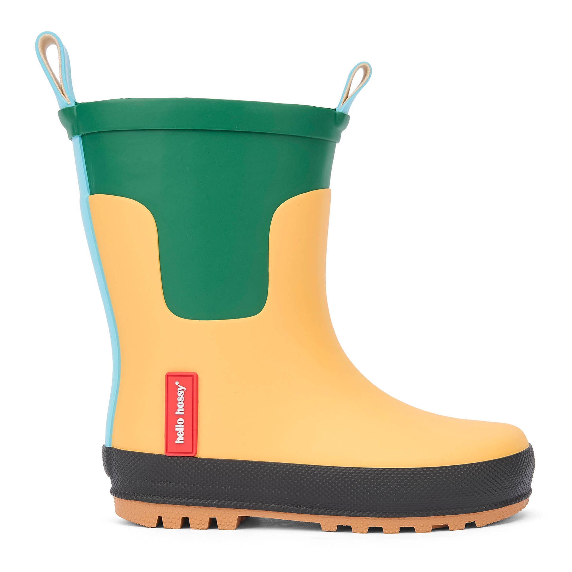 Bottes de pluie enfant jaune vert semelle noire Hello Hossy