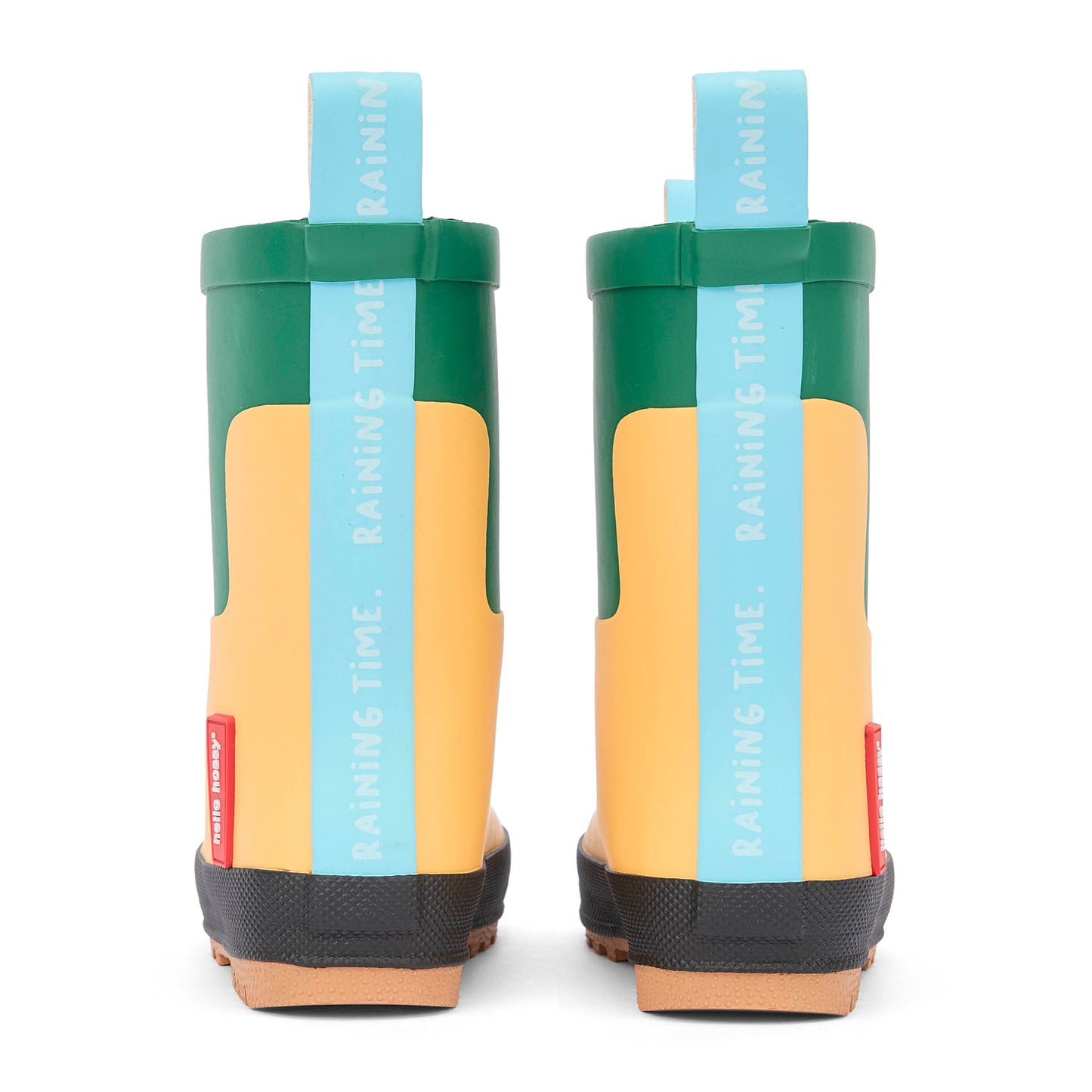 Bottes de pluie enfant jaune vert tirant inscription bleue Hello Hossy