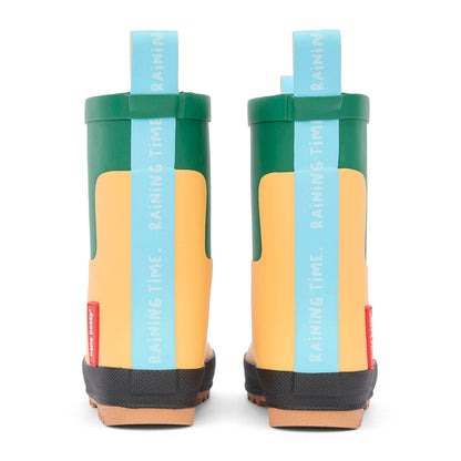 Bottes de pluie enfant jaune vert tirant inscription bleue Hello Hossy
