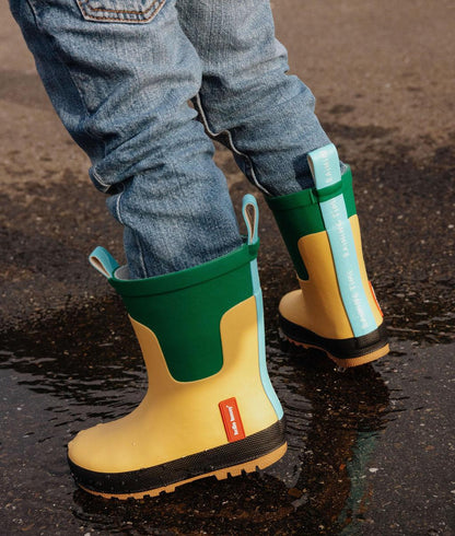 Bottes de pluie enfant jaune vert semelle noire Hello Hossy