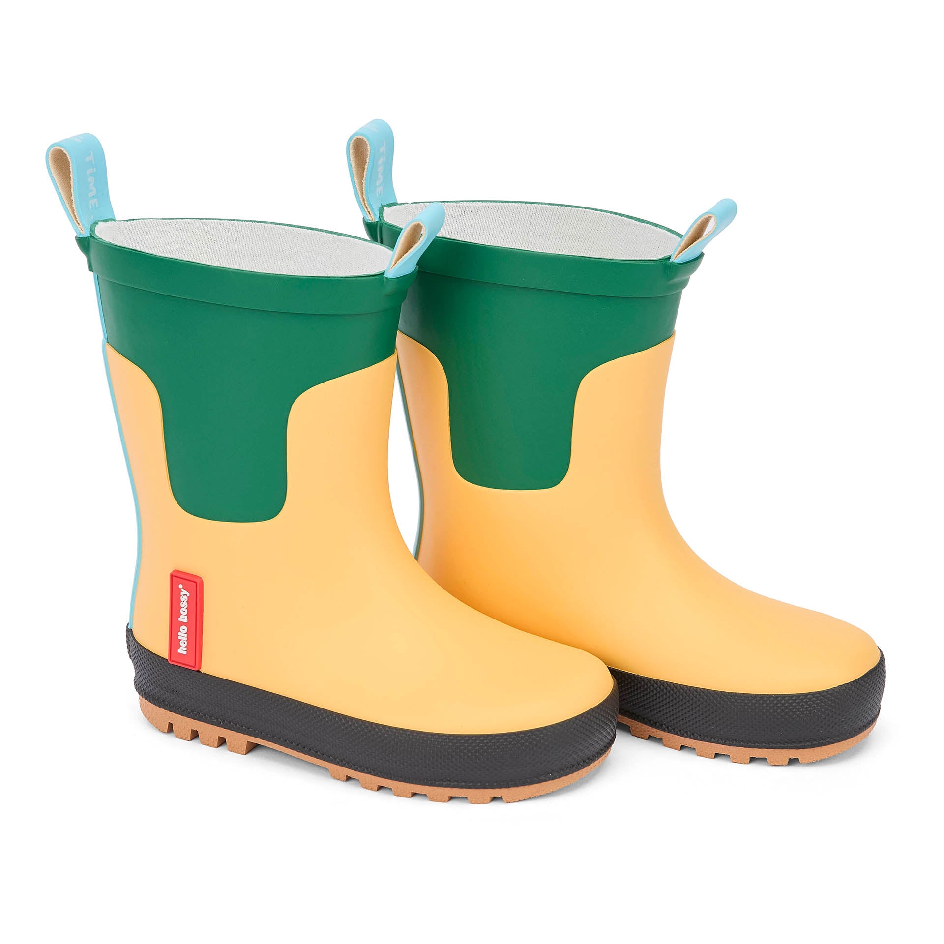 Bottes de pluie enfant jaune vert semelle noire patte bleu Hello Hossy