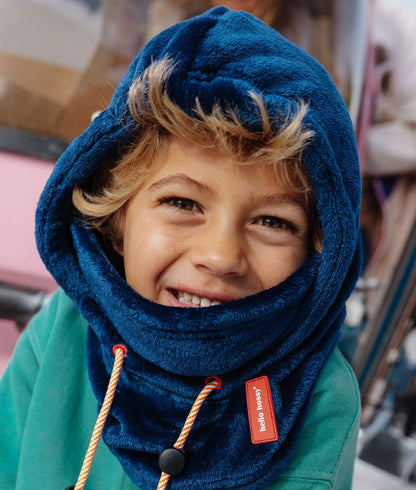 Cagoule enfant bleu polaire liens ajustables étiquette Hello Hossy