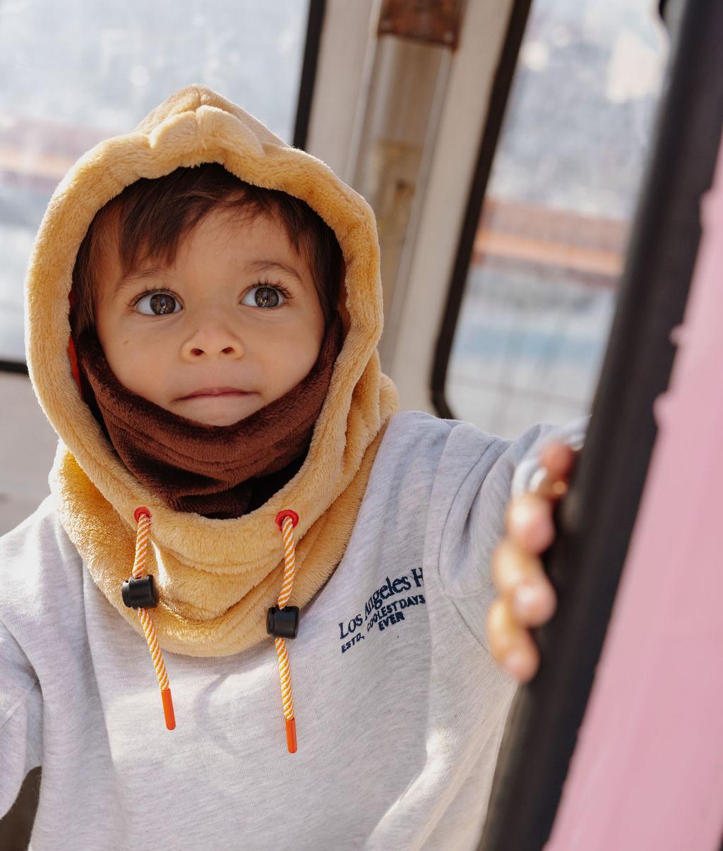 Cagoule enfant bicolore beige marron polaire liens réglables Hello Hossy