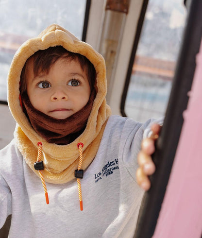 Cagoule enfant bicolore beige marron polaire liens réglables Hello Hossy