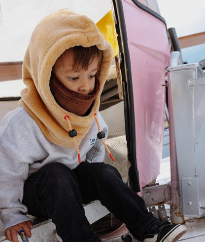 Cagoule enfant beige marron liens réglables polaire chaude Hello Hossy