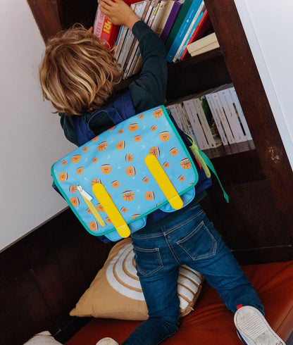 Cartable enfant bleu motif sport ballons orange Hello Hossy