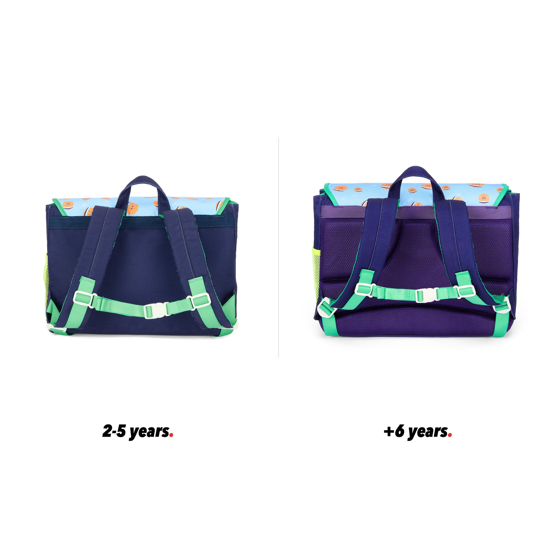 Cartable enfant bleu motif sport ballons orange vue de dos comparatif 2 tailles Hello Hossy