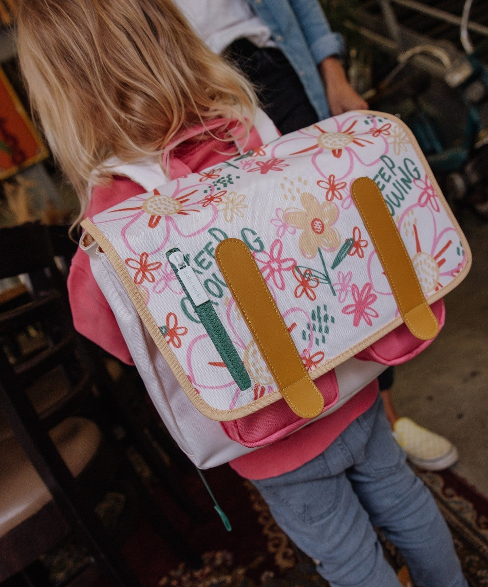 Cartable enfant blanc rose motif fleurs détails jaunes Hello Hossy