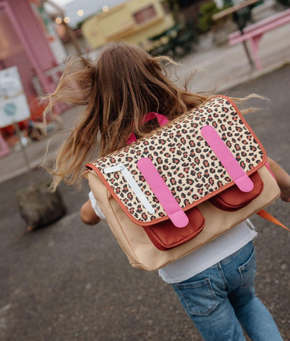 Cartable enfant crème motif léopard sangles roses Hello Hossy