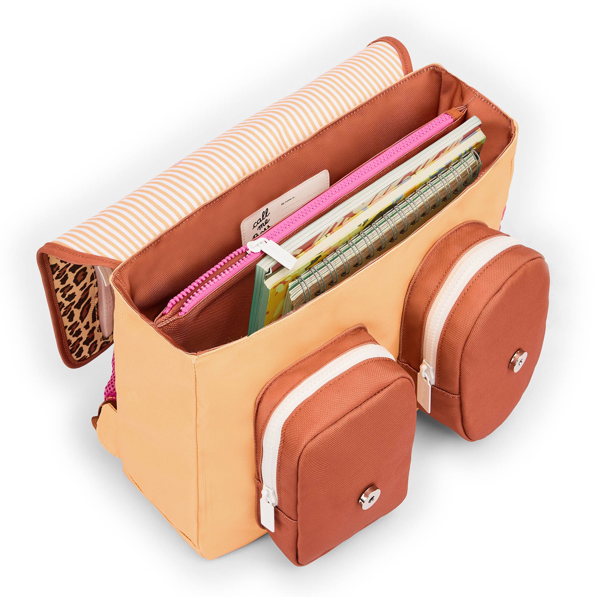 Cartable enfant crème marron imprimé léopard poches devant Hello Hossy