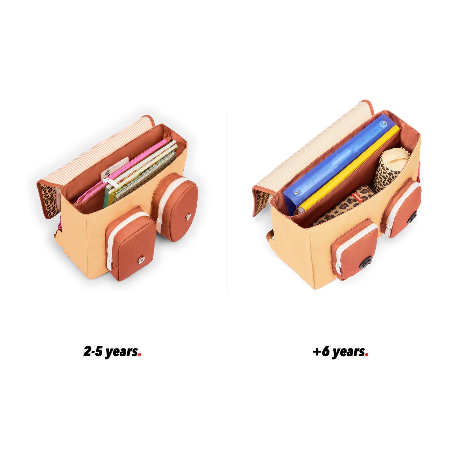 Cartable enfant crème motif léopard poches vue ouvert comparatif 2 tailles Hello Hossy