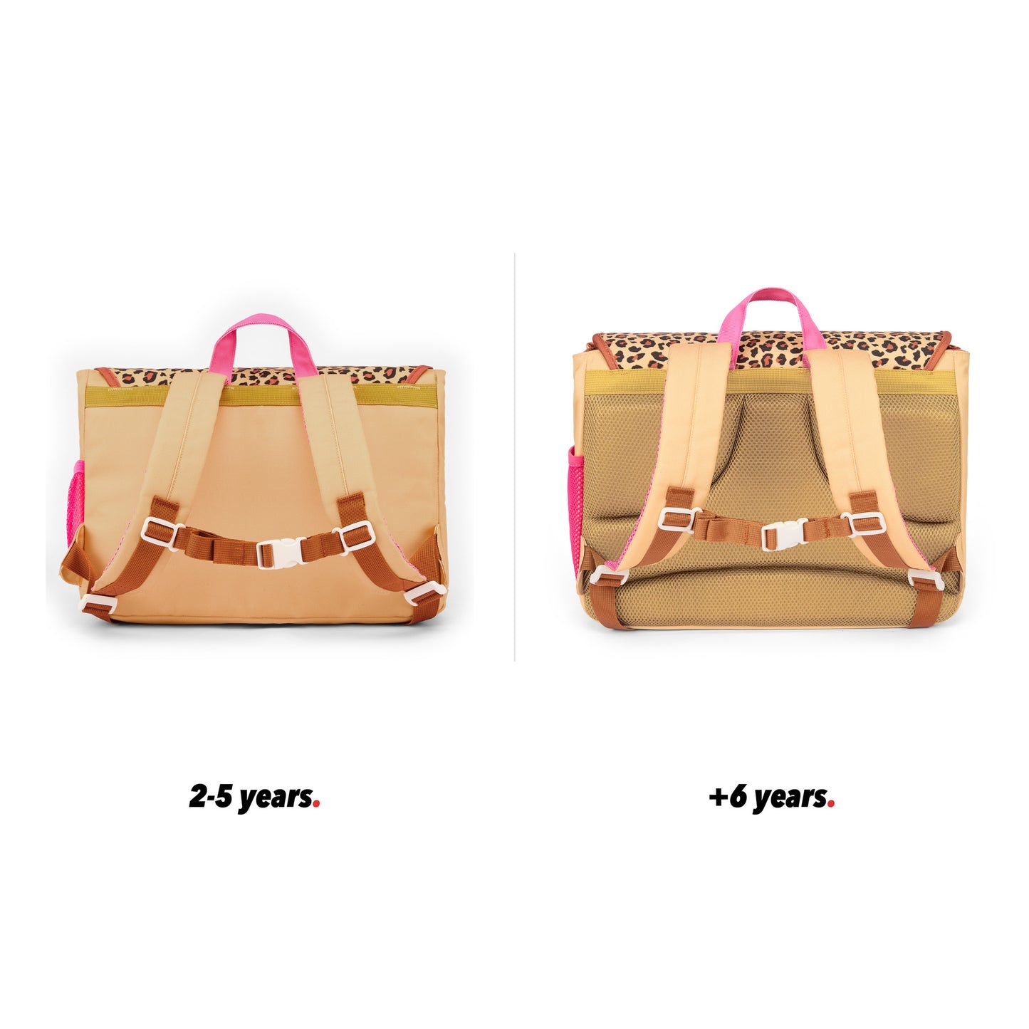 Cartable enfant crème motif léopard poches vue de dos comparatif 2 tailles Hello Hossy