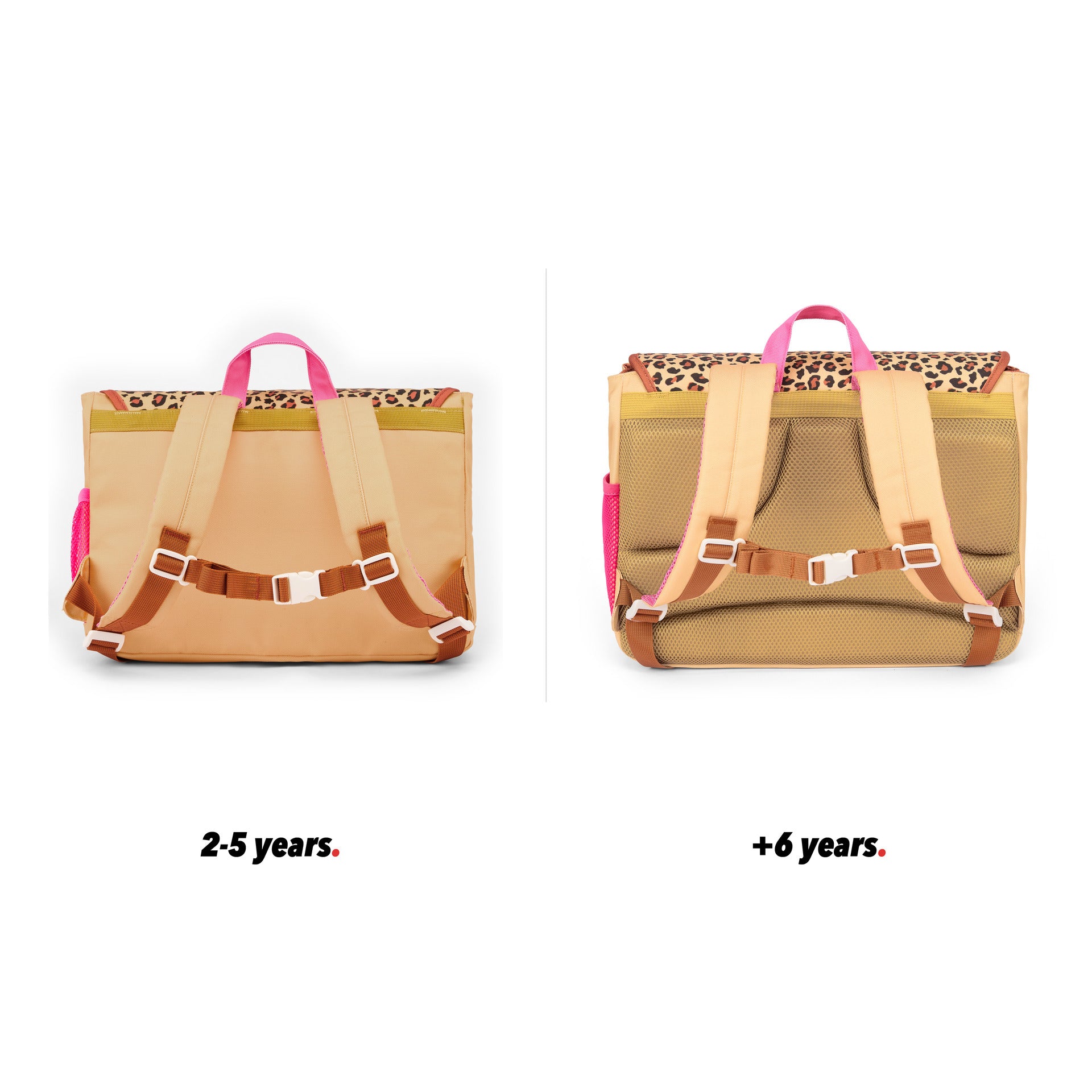 Cartable enfant crème motif léopard poches vue de dos comparatif 2 tailles Hello Hossy