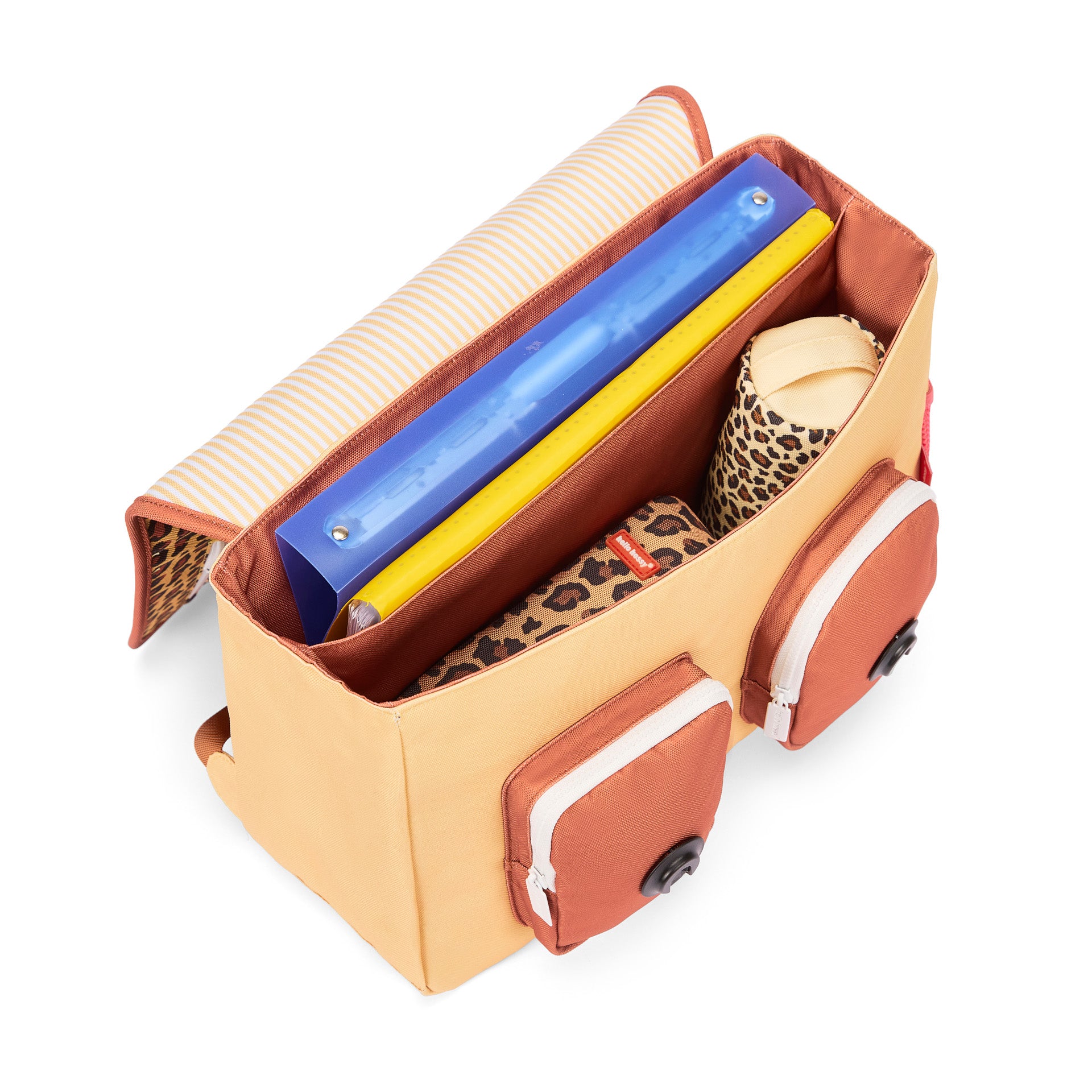 Cartable enfant crème marron motif léopard poches frontales Hello Hossy