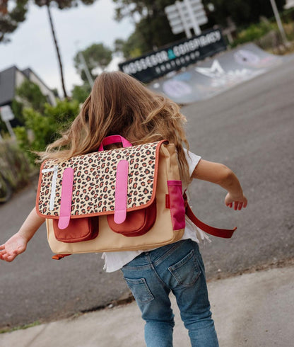 Cartable enfant crème motif léopard poches marron Hello Hossy